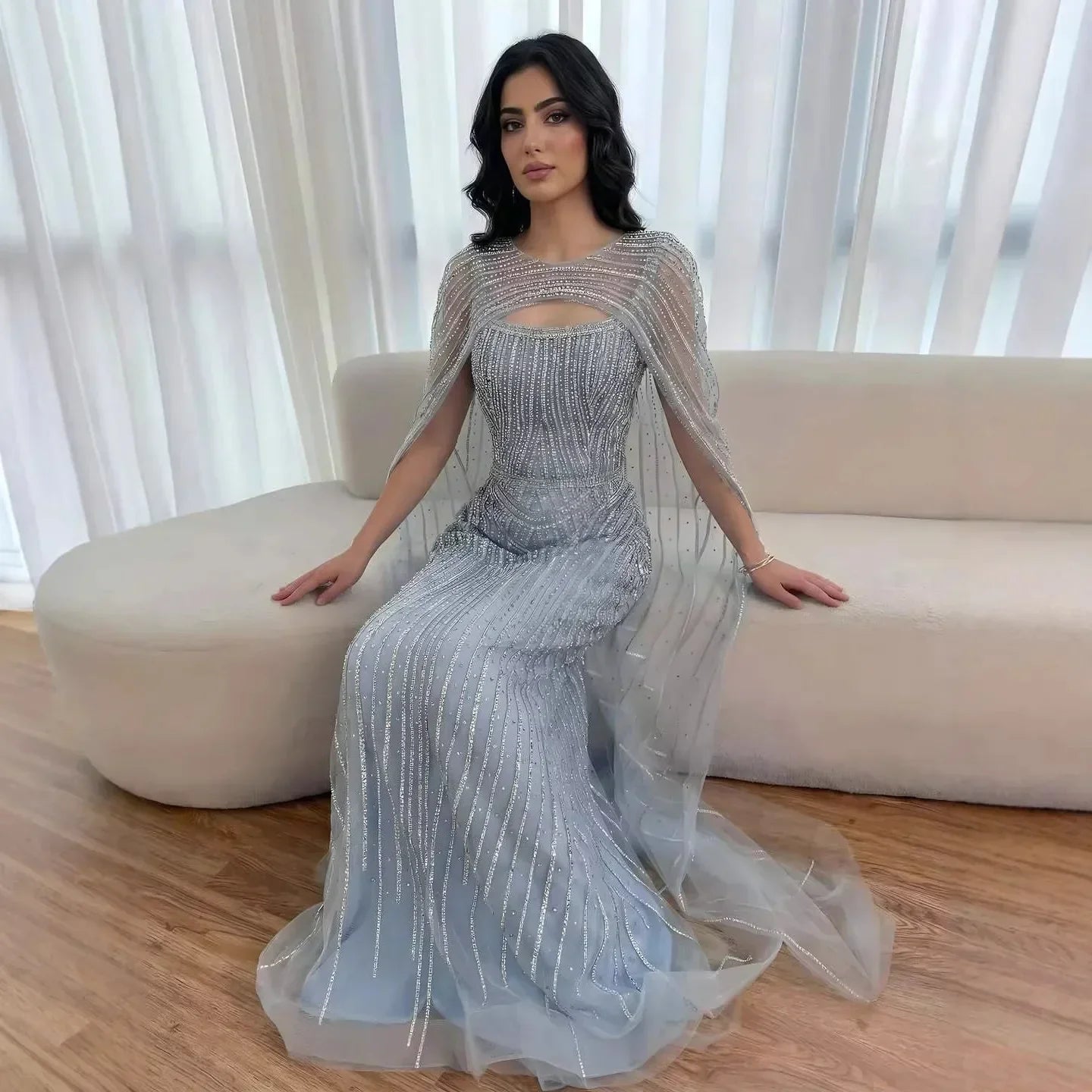 Luxury Blue Diamond Evening Dress With Cape