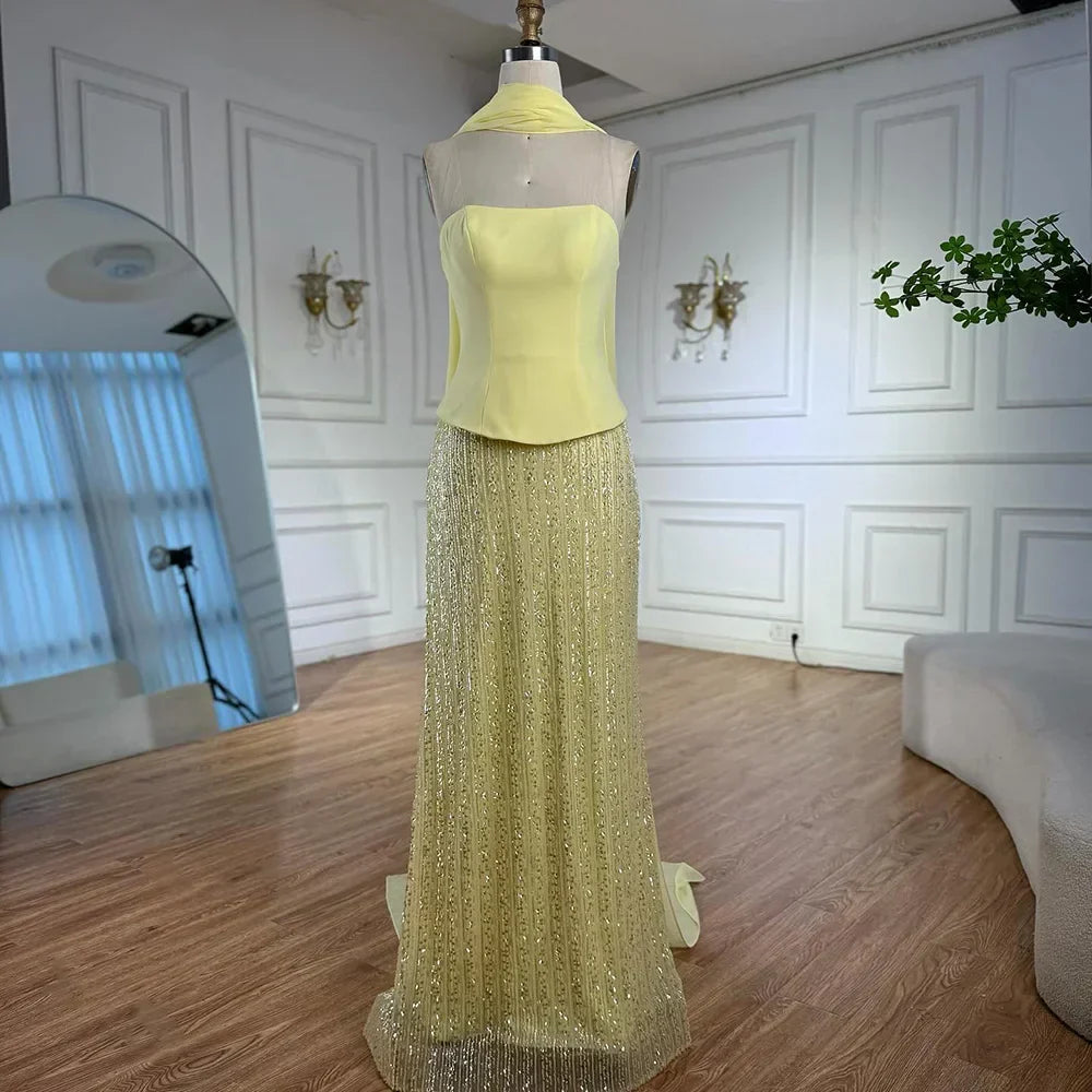 Luxury Yellow Chiffon Mermaid Evening Dress with Cape LA73007