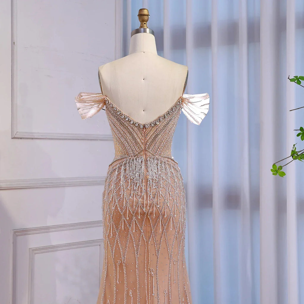 Luxury Nude Off Shoulder Beaded Tassel Evening Dress