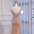 Luxury Nude Off Shoulder Beaded Tassel Evening Dress