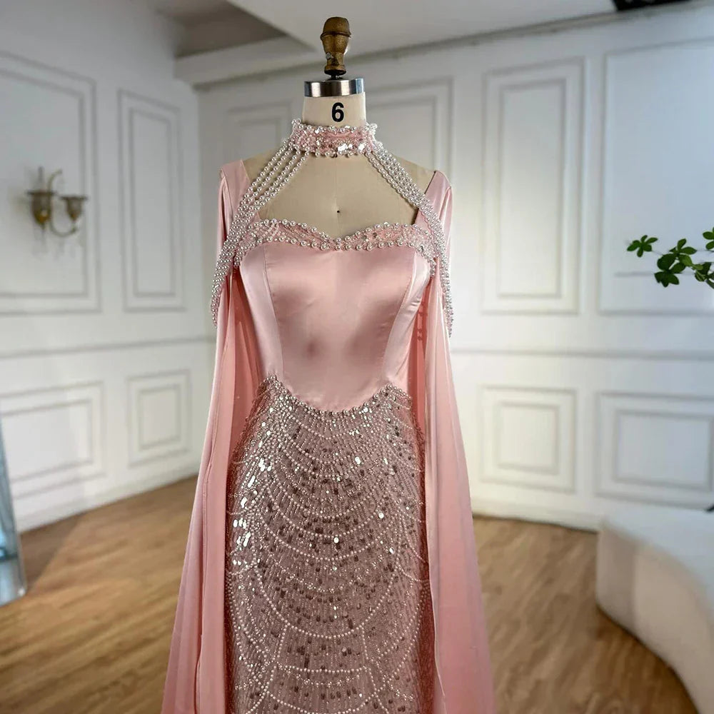 Luxury Arabic Pearls Pink Evening Dress with Cape