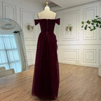 Elegant Wine Red Off Shoulder Lace Evening Dress with Appliques