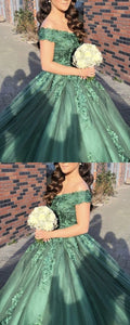 green ball gown prom dresses lace appliques off the shoulder S13881
