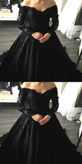 Black Lace Appliques Long Sleeves Ball Gowns Prom Dresses S14044