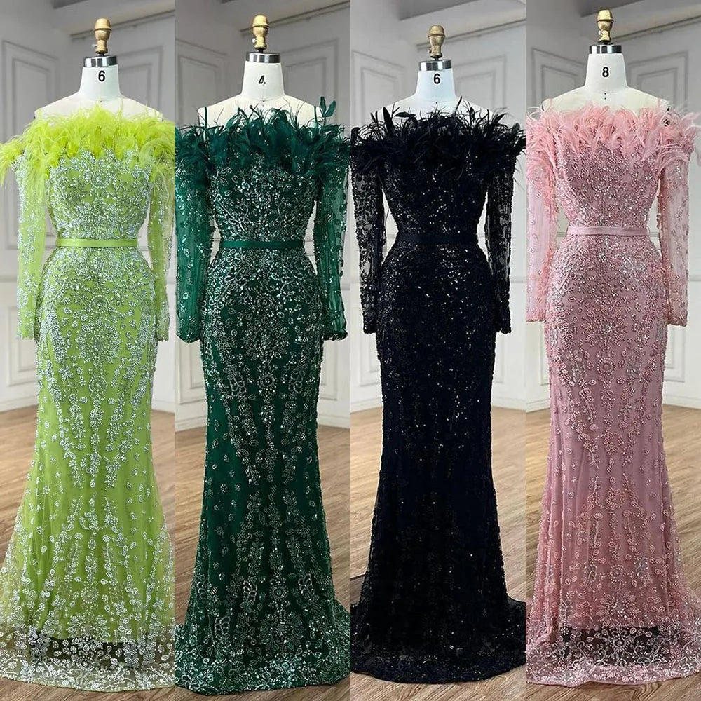 Luxury Dubai Green Long Sleeves Feathers Beaded Evening Dress