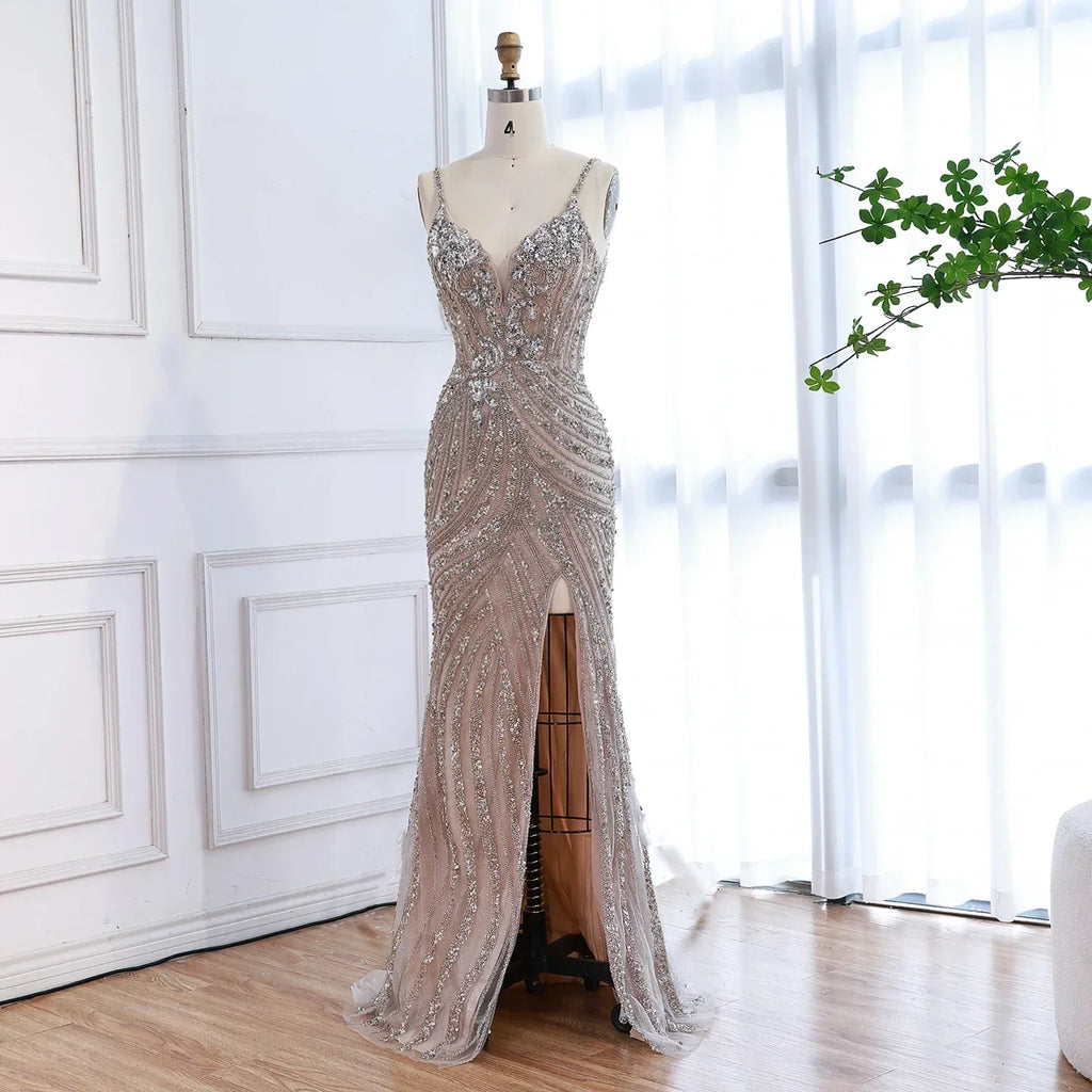 Luxury Nude Beaded High Slit Mermaid Evening Dress