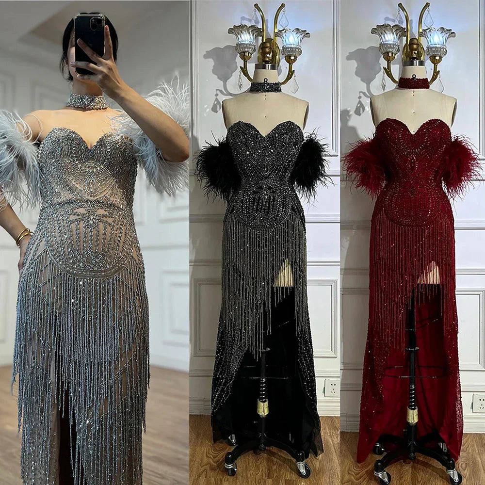 Luxury Silver Nude Mermaid Evening Dress with Beaded Tassel
