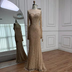 Luxury Arabic Lace Beaded Mermaid Evening Dress with Sleeves