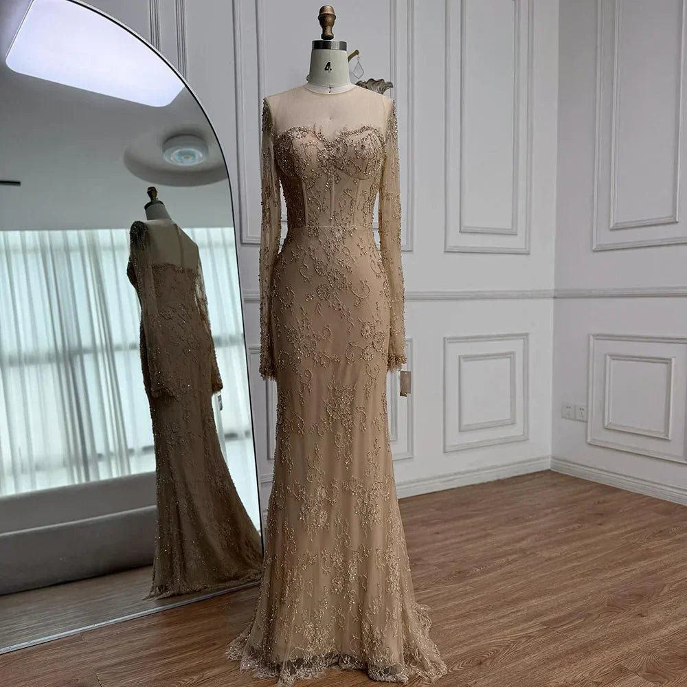 Luxury Arabic Lace Beaded Mermaid Evening Dress with Sleeves