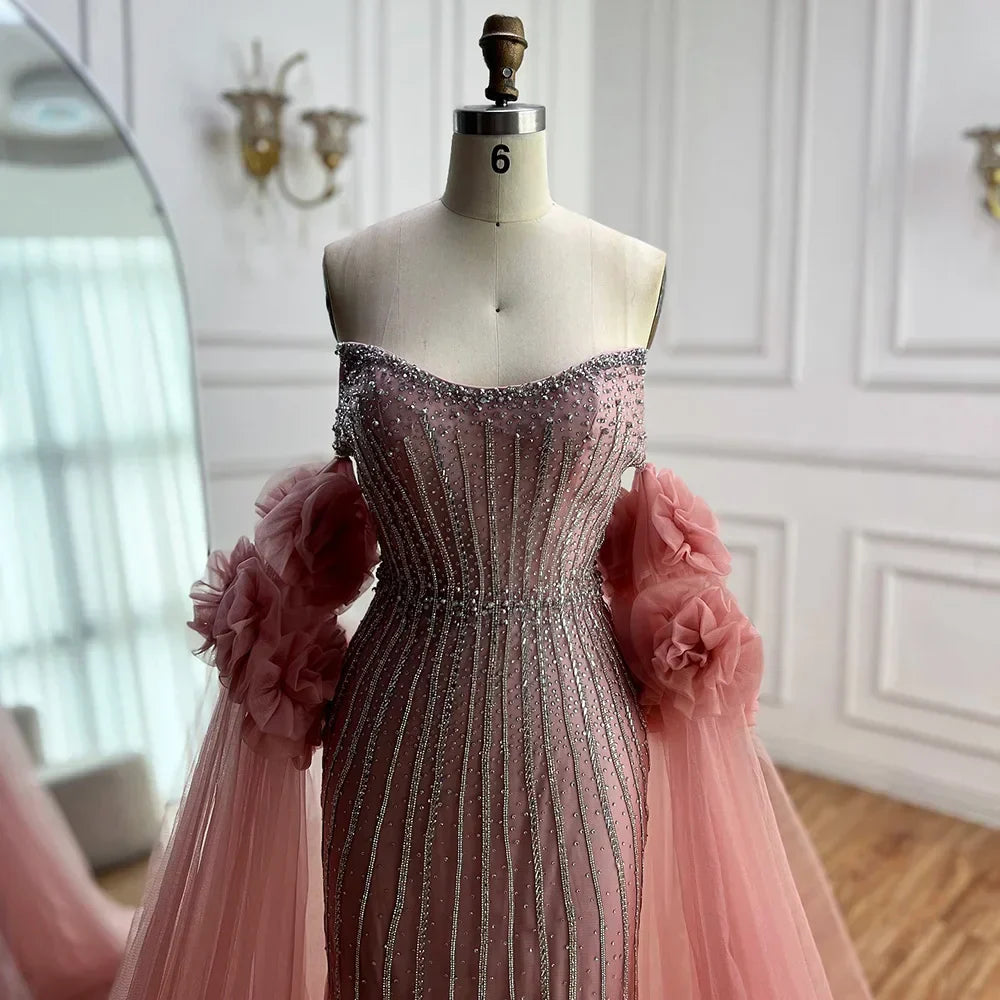 Luxury Pink Beaded Mermaid  Arabic Evening Dress with Cape