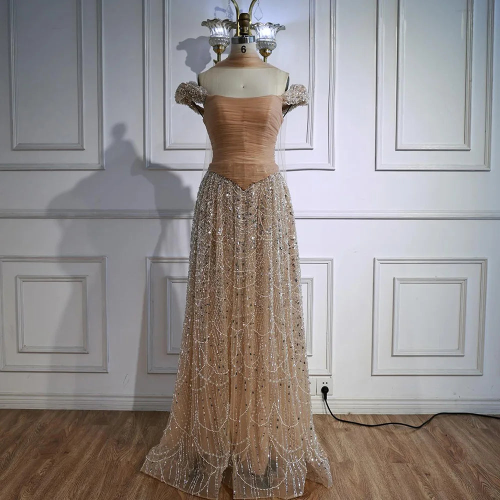 Luxury Arabic Pink Pearls Beaded Evening Dress With Cape