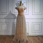 Luxury Arabic Pink Pearls Beaded Evening Dress With Cape