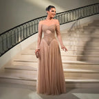 Luxury Nude Off Shoulder A-Line Beaded Evening Dress