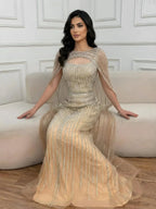 Luxury Blue Diamond Evening Dress With Cape