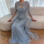 Luxury Blue Diamond Evening Dress With Cape
