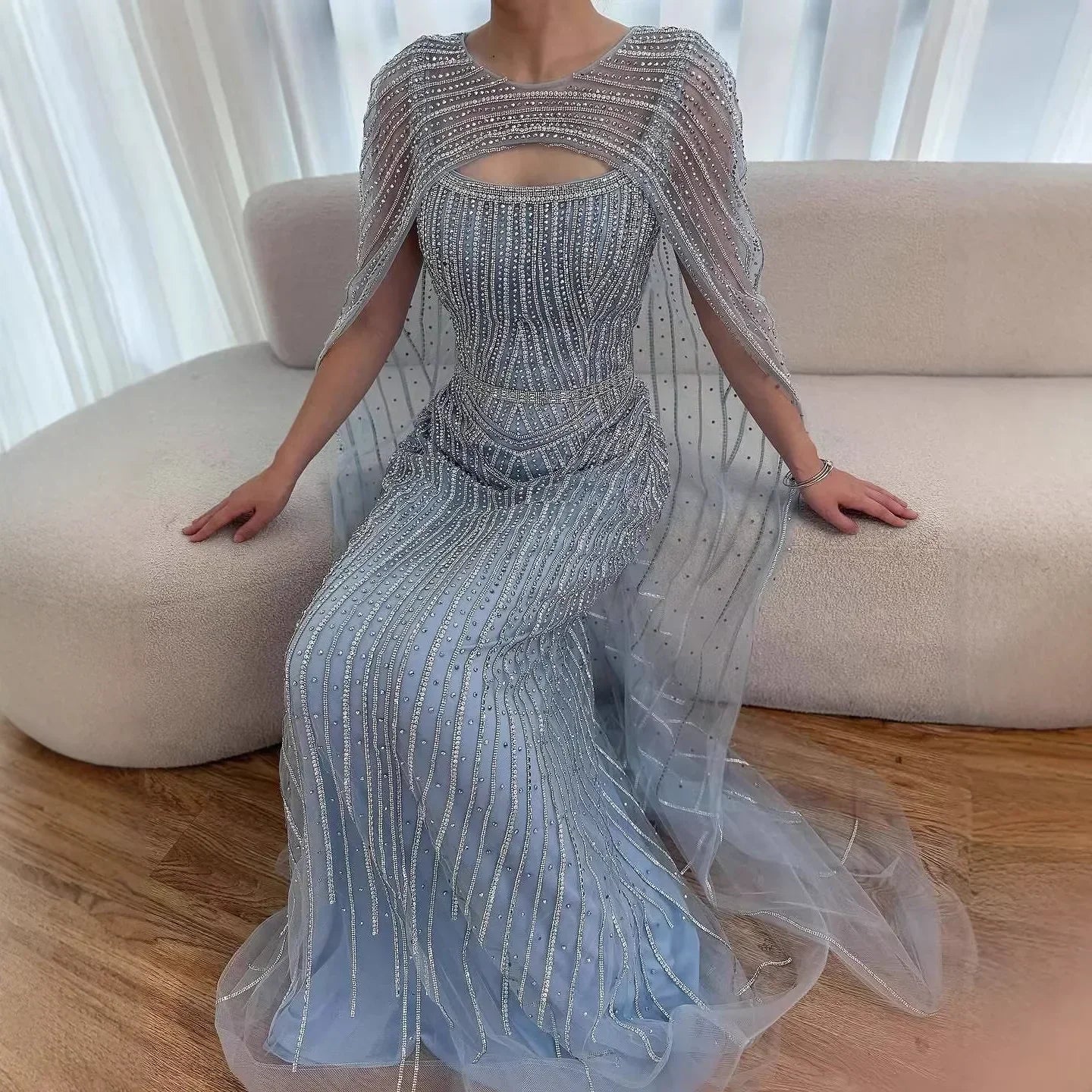Luxury Blue Diamond Evening Dress With Cape