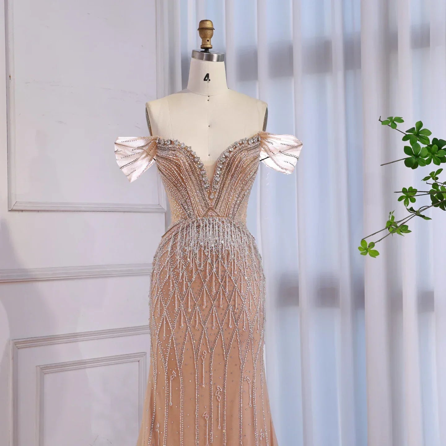 Luxury Nude Off Shoulder Beaded Tassel Evening Dress