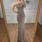 Luxury Nude Halter Feather Crystal Evening Dress