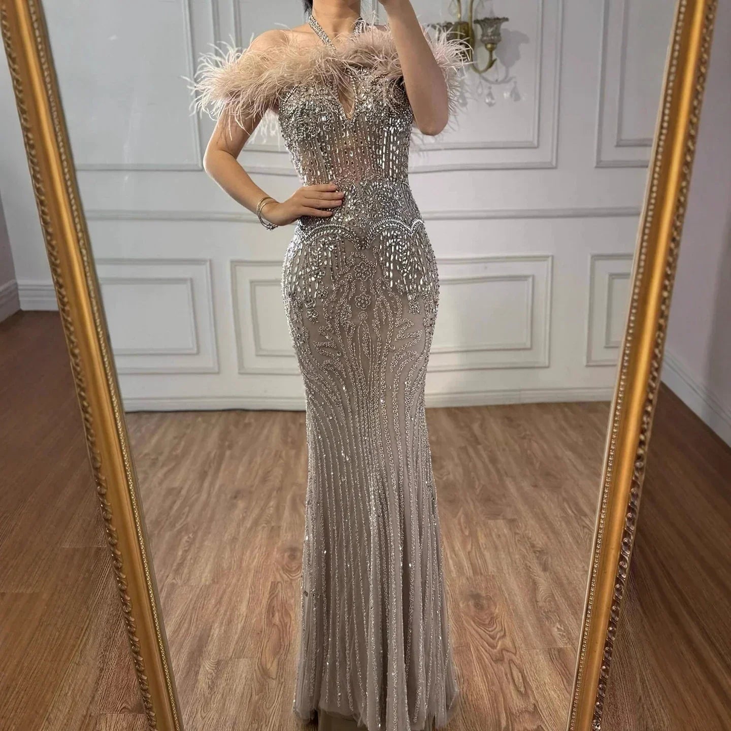 Luxury Nude Halter Feather Crystal Evening Dress