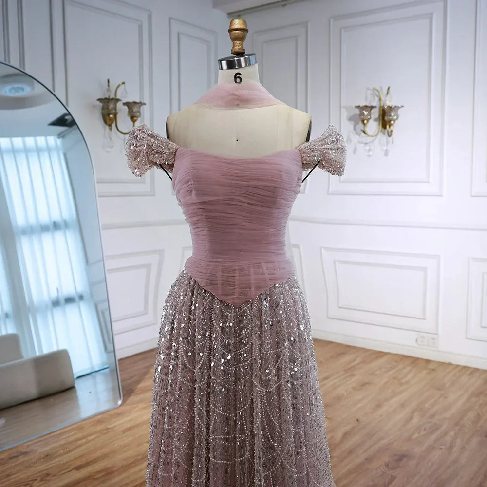 Luxury Arabic Pink Pearls Beaded Evening Dress With Cape