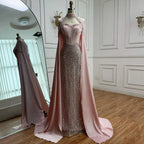Luxury Arabic Pearls Pink Evening Dress with Cape