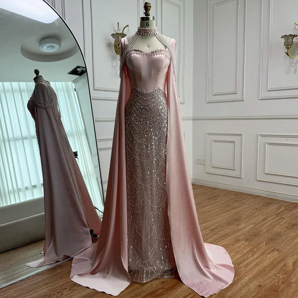 Luxury Arabic Pearls Pink Evening Dress with Cape