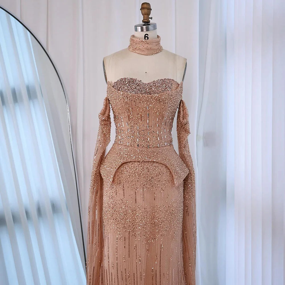 Luxury Gray Beaded Off-Shoulder Evening Dress with Cape Sleeves