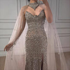 Luxury Sexy Split Evening Dress With Cape Nude LA73339