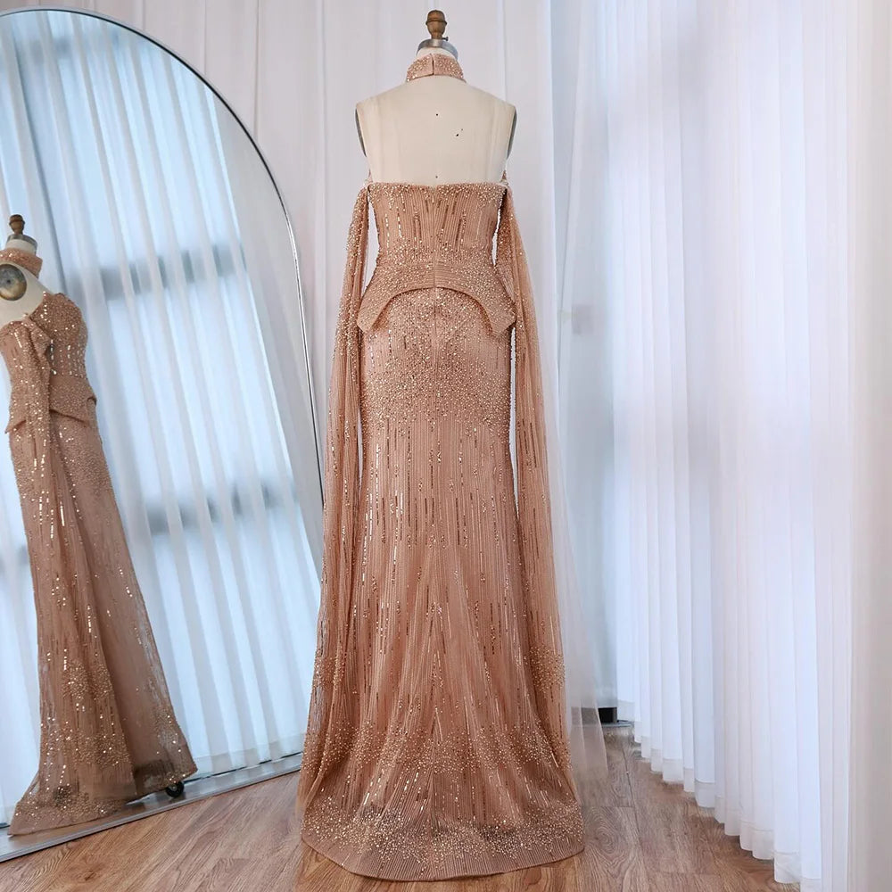 Luxury Gray Beaded Off-Shoulder Evening Dress with Cape Sleeves