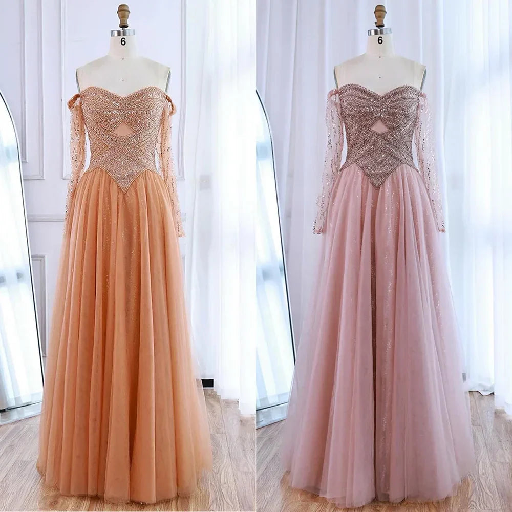 Luxury Nude Off Shoulder A-Line Beaded Evening Dress