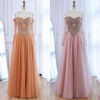 Luxury Nude Off Shoulder A-Line Beaded Evening Dress