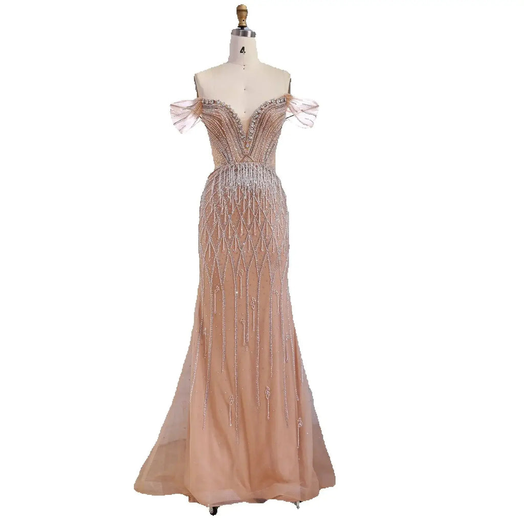 Luxury Nude Off Shoulder Beaded Tassel Evening Dress