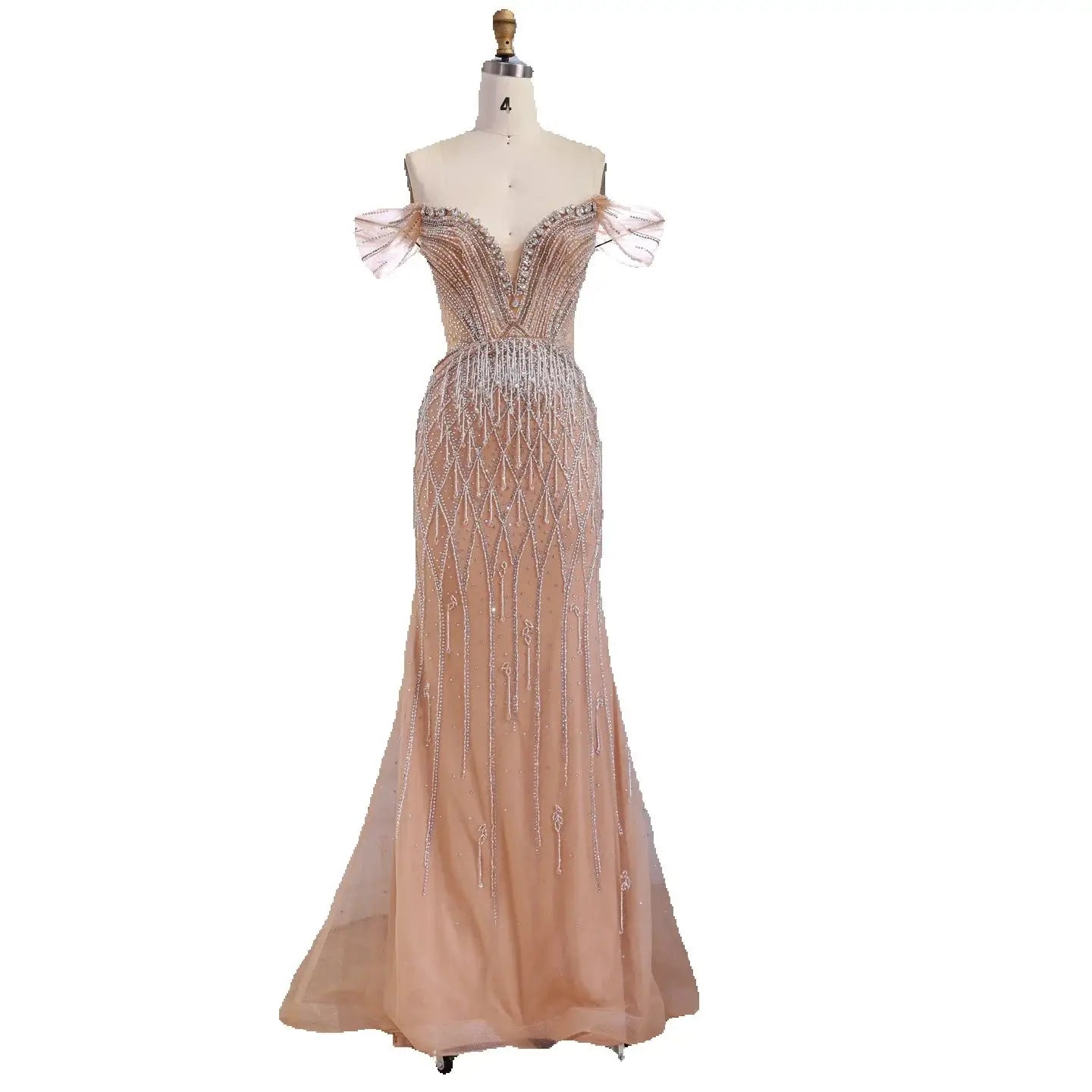 Luxury Nude Off Shoulder Beaded Tassel Evening Dress