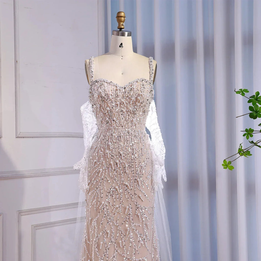 Luxury Lace Pearls Mermaid Evening Dress With Glove White Nude