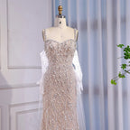 Luxury Lace Pearls Mermaid Evening Dress With Glove White Nude