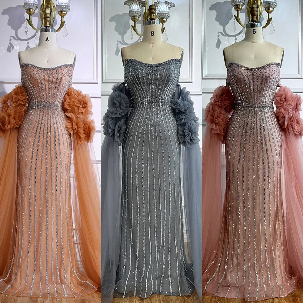 Luxury Pink Beaded Mermaid  Arabic Evening Dress with Cape