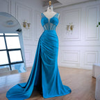 Blue Prom Dress with Side Overskirt Spaghetti Straps