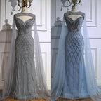 Luxury Nude Beaded Mermaid Evening Dress with Cape