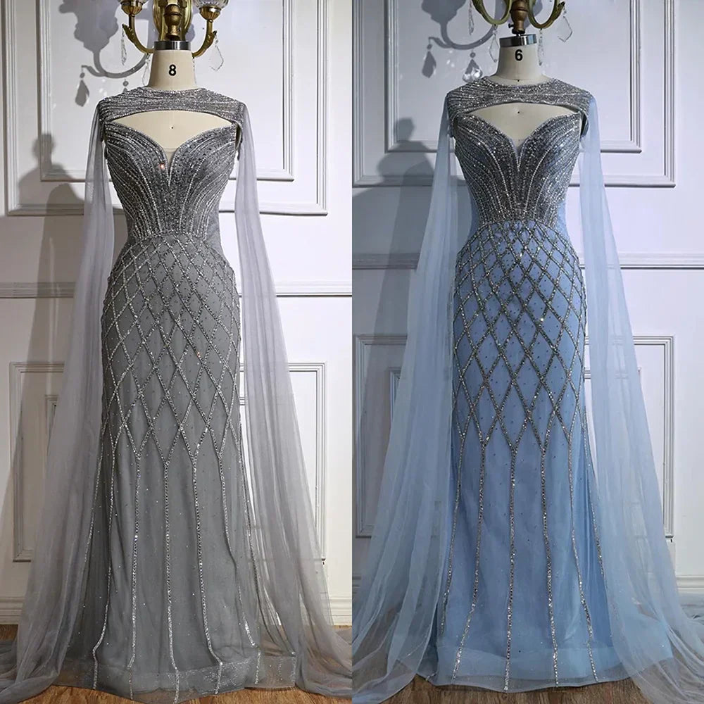 Luxury Nude Beaded Mermaid Evening Dress with Cape