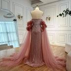 Luxury Pink Beaded Mermaid  Arabic Evening Dress with Cape
