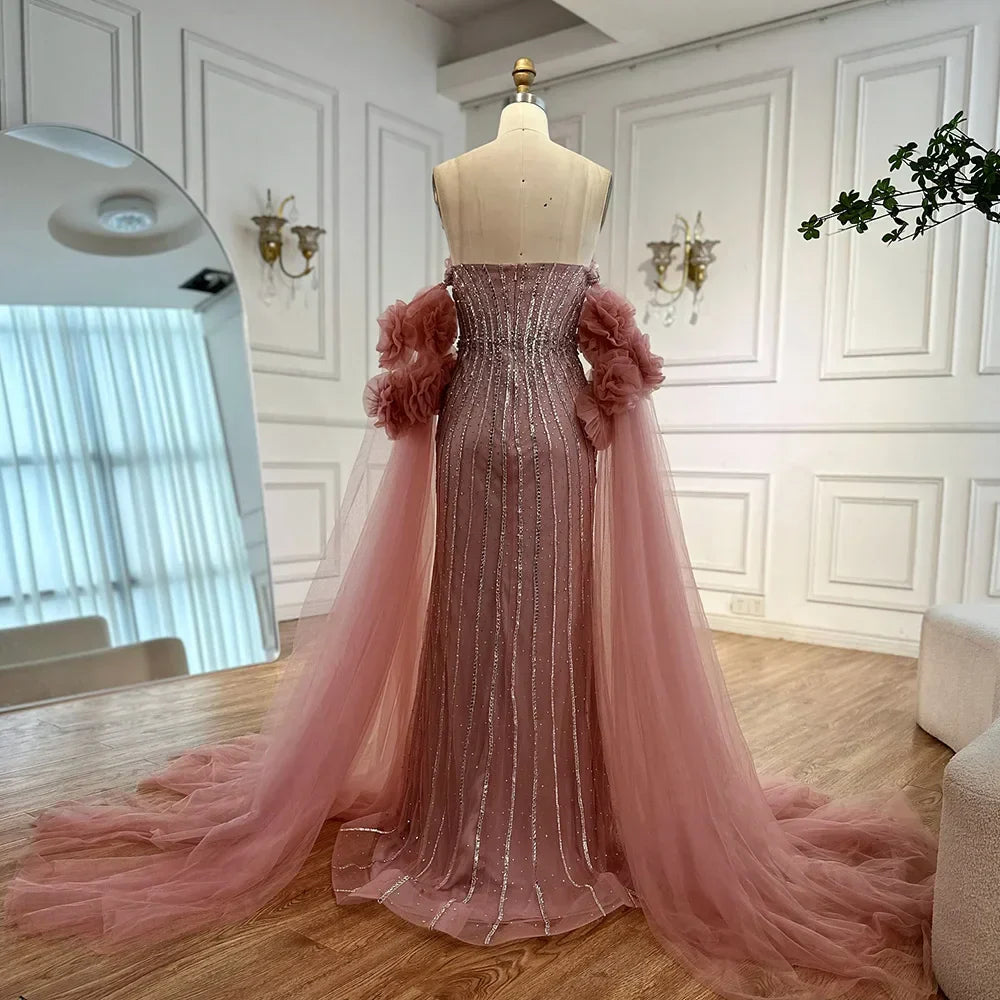 Luxury Pink Beaded Mermaid  Arabic Evening Dress with Cape