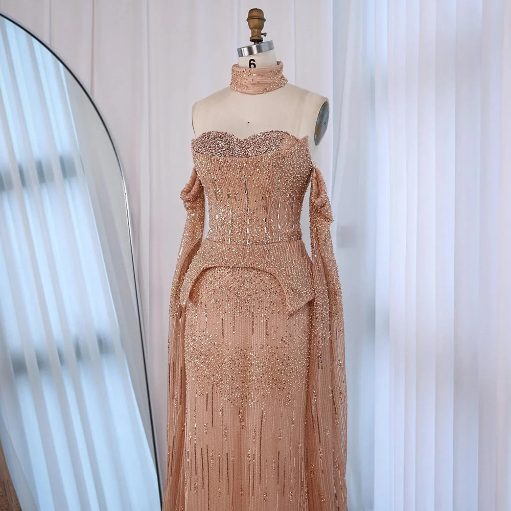 Luxury Gray Beaded Off-Shoulder Evening Dress with Cape Sleeves