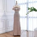 Luxury Nude Halter Feather Crystal Evening Dress