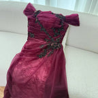 Elegant Wine Red Off Shoulder Lace Evening Dress with Appliques