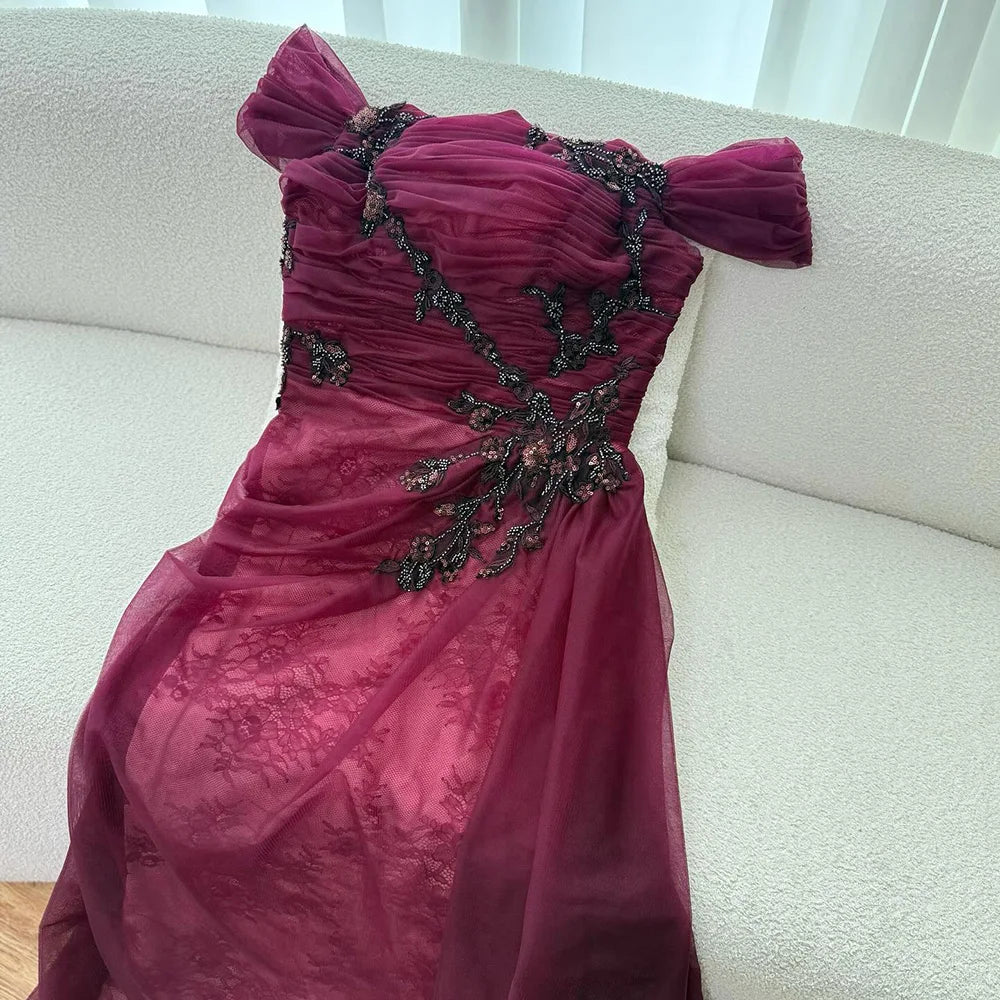 Elegant Wine Red Off Shoulder Lace Evening Dress with Appliques