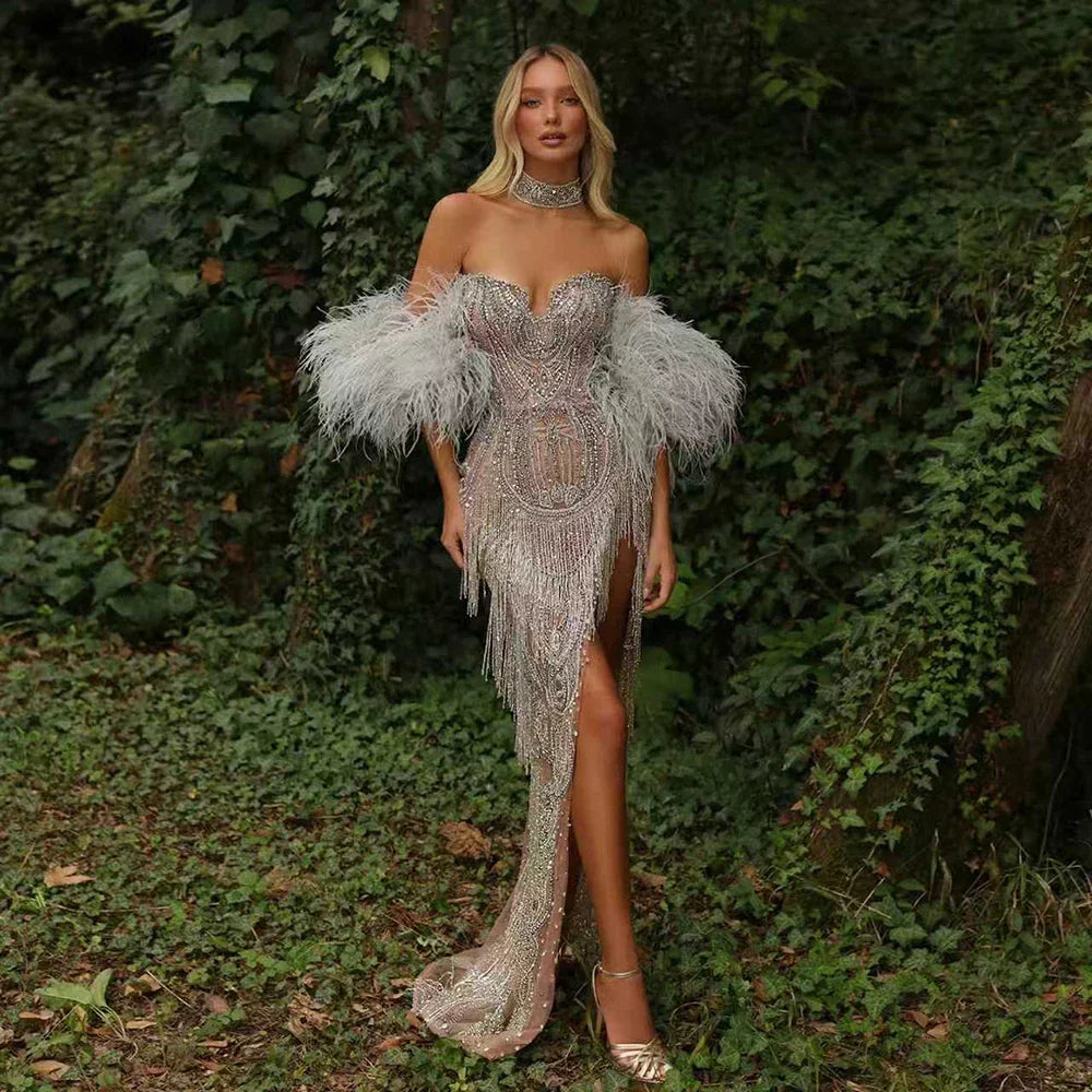 Luxury Silver Nude Mermaid Evening Dress with Beaded Tassel