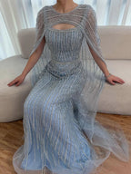 Luxury Blue Diamond Evening Dress With Cape