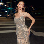 Luxury Nude Pink Crystal Tassel Mermaid Evening Dress