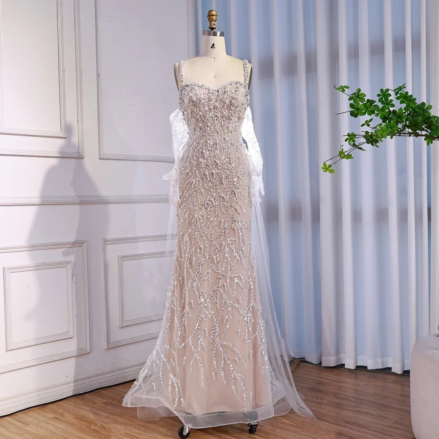 Luxury Lace Pearls Mermaid Evening Dress With Glove White Nude
