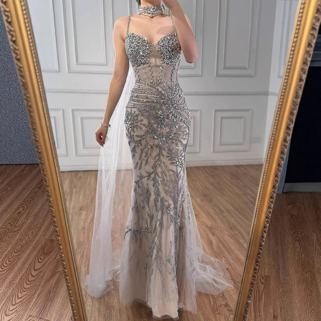 Luxury Evening Dress Grey Beaded With Cape Prom Gown LA73342